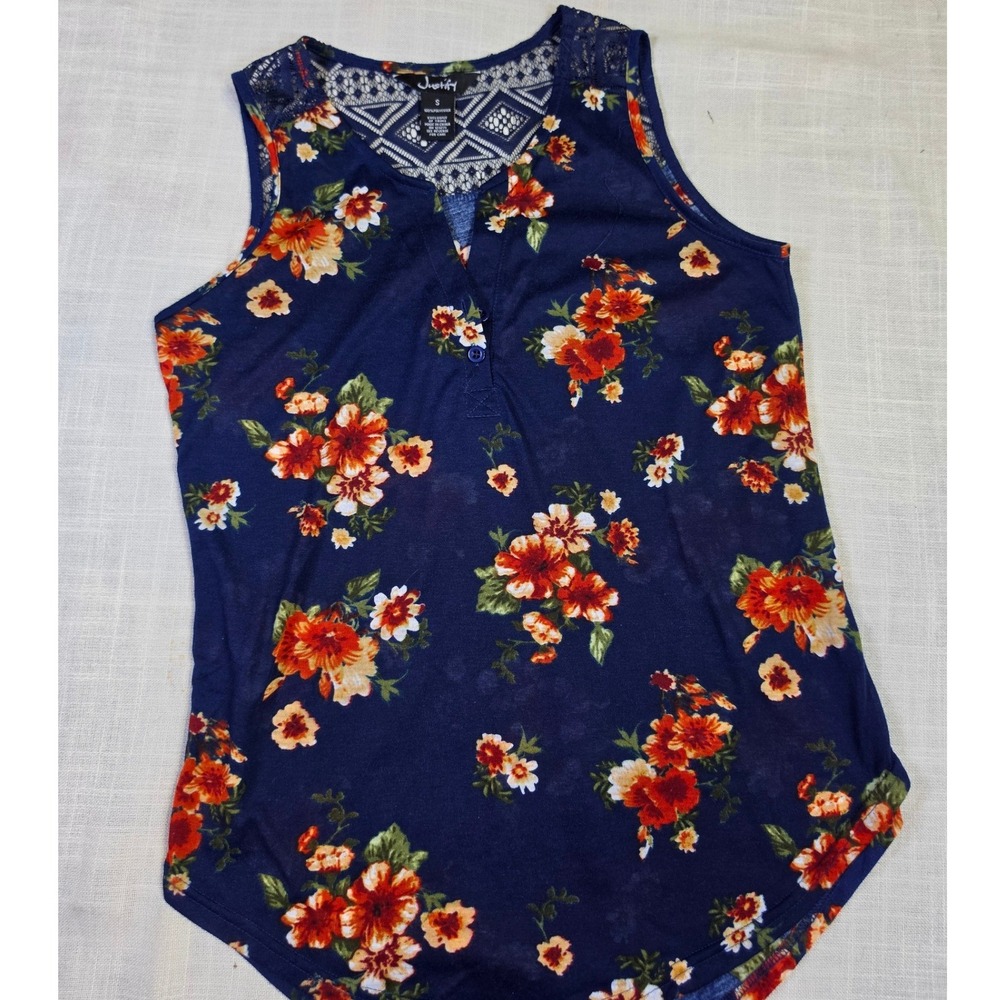 Justify Navy Blue Floral Henley Tank Top Lace Back Sleeveless Blouse Womens S